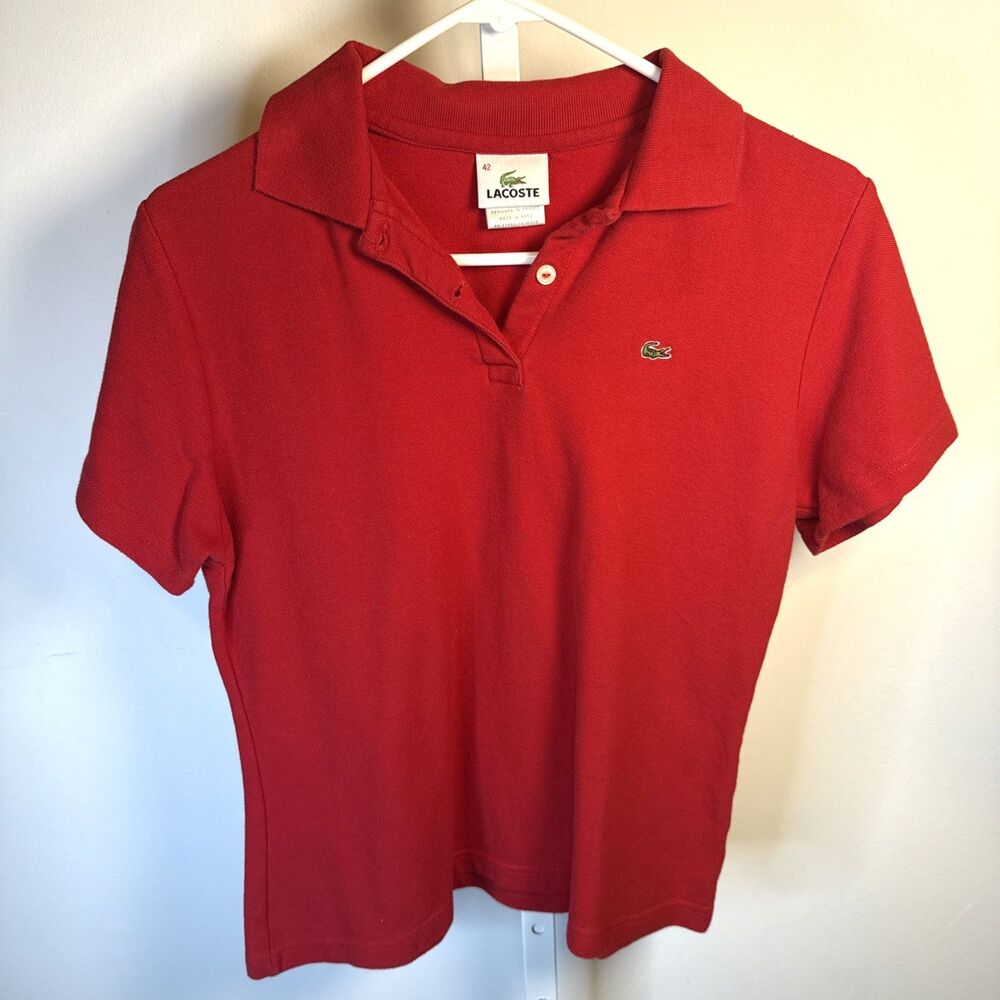 Lacoste Women's Red Solid Polo Shirt Size 42 Short Sleeve 100% Cotton Knit